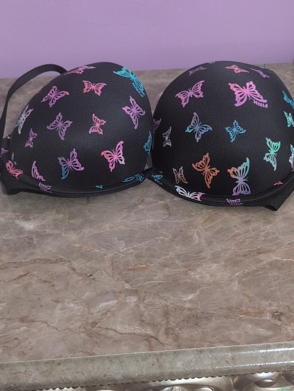 Victoria's Secret Black Butterfly Print Bra with Multicolor Accents